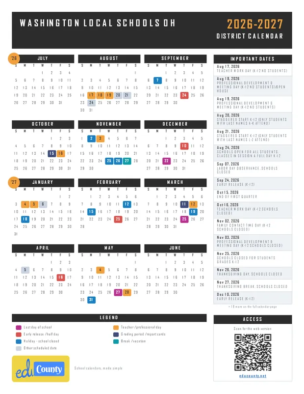 Washington Local Schools printable 2026-27 calendar