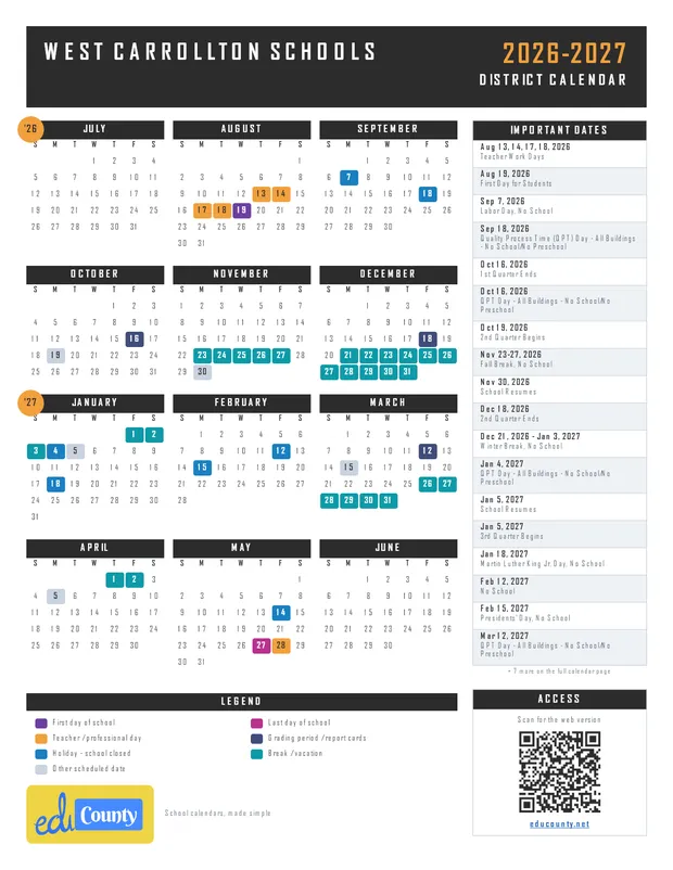 West Carrollton Schools printable 2026-27 calendar