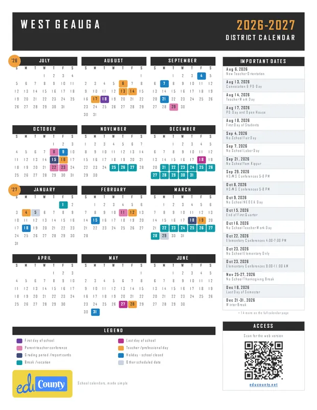 West Geauga printable 2026-27 calendar