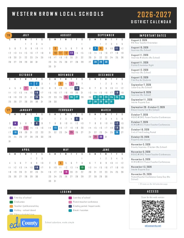 Western Brown Local Schools printable 2026-27 calendar