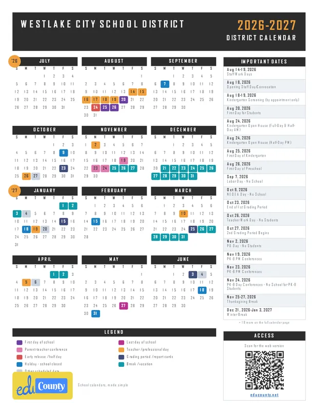 Westlake City School District printable 2026-27 calendar