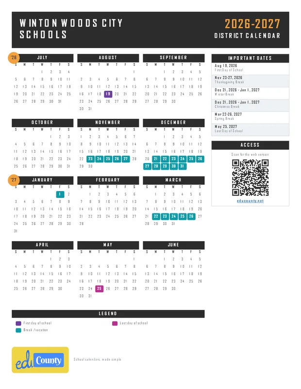 Winton Woods City Schools printable 2026-27 calendar