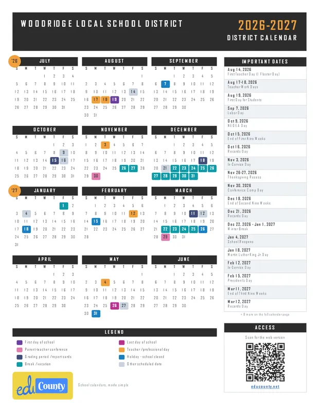 WOODRIDGE LOCAL SCHOOL DISTRICT printable 2026-27 calendar