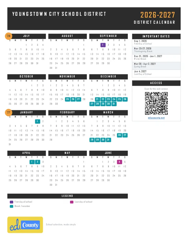 Youngstown City School District printable 2026-27 calendar