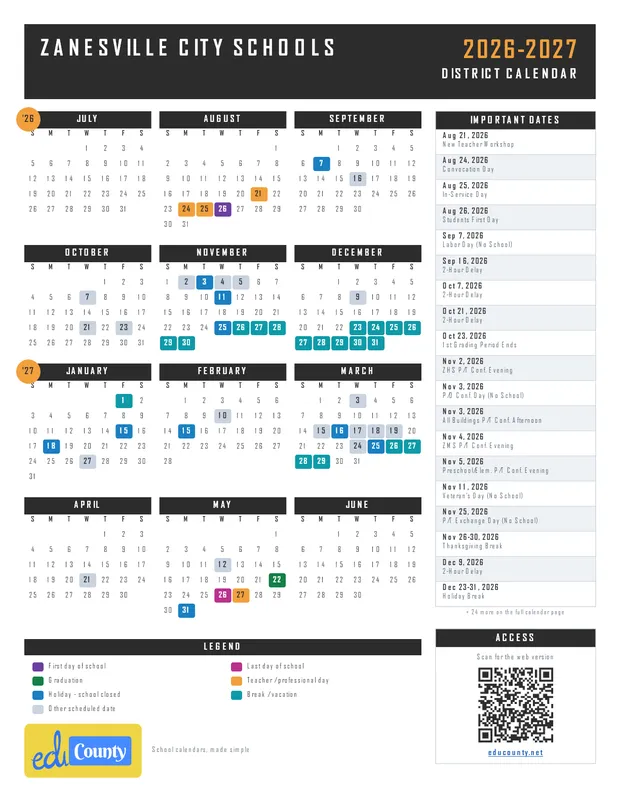 Zanesville City Schools printable 2026-27 calendar
