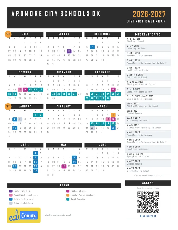 Ardmore City Schools printable 2026-27 calendar