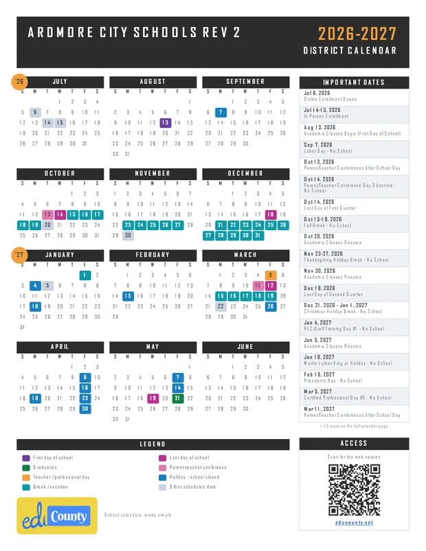 Ardmore City Schools Rev 2 printable 2026-27 calendar