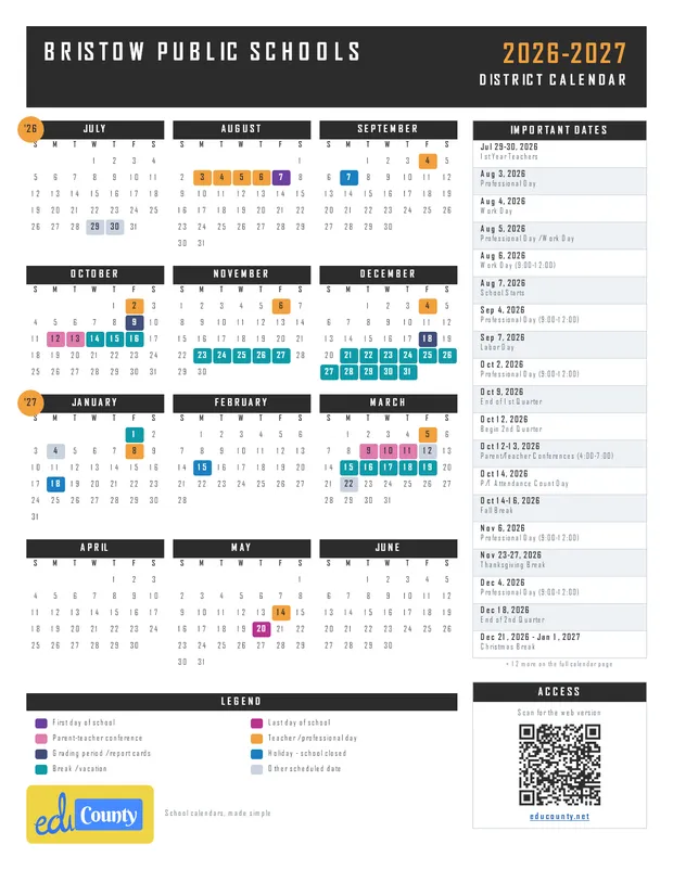 Bristow Public Schools printable 2026-27 calendar