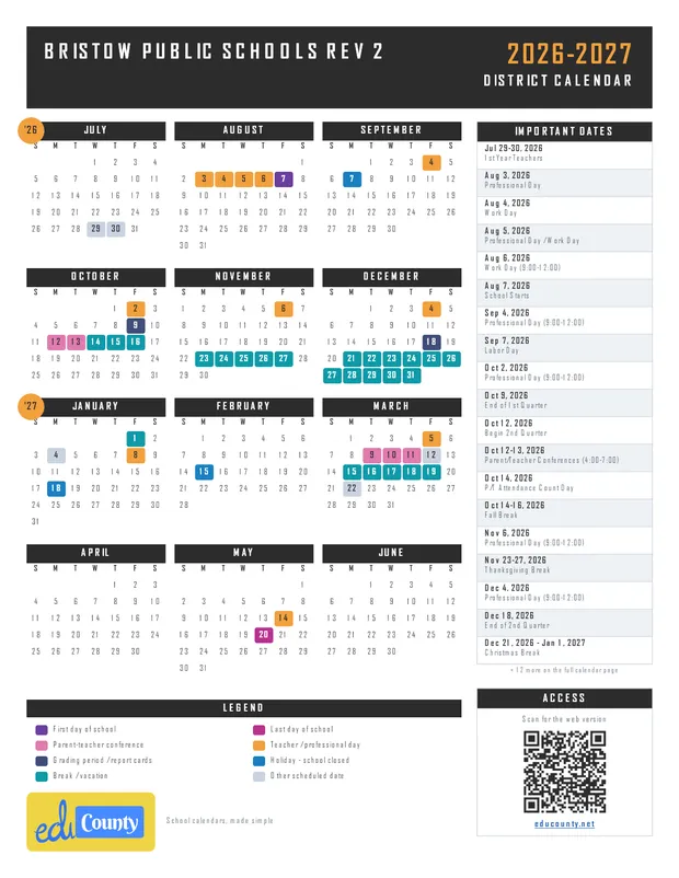 Bristow Public Schools Rev 2 printable 2026-27 calendar