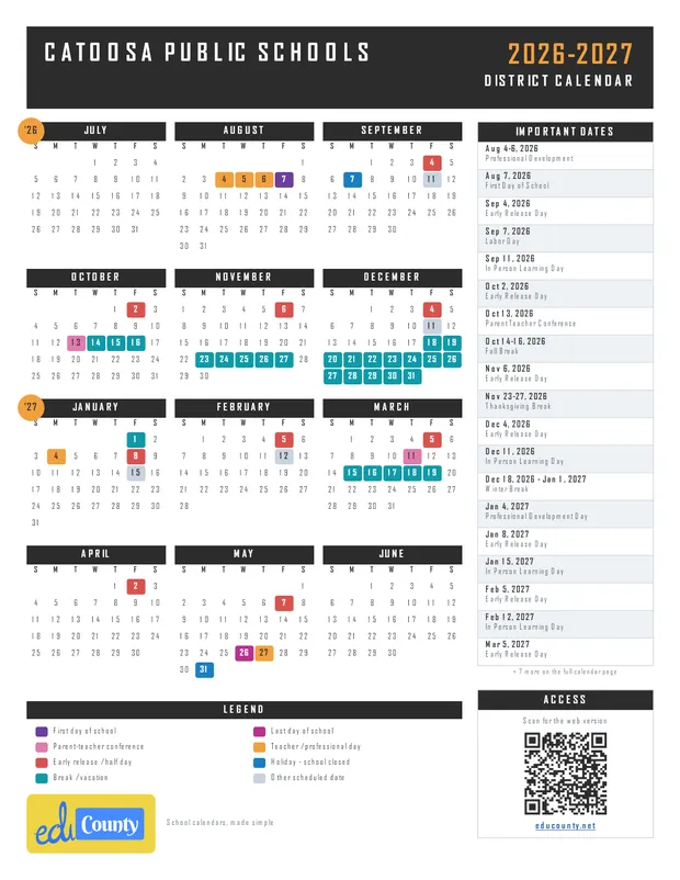 Catoosa Public Schools printable 2026-27 calendar