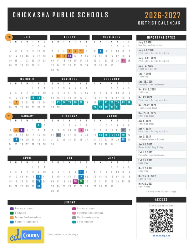 Chickasha Public Schools printable 2026-27 calendar