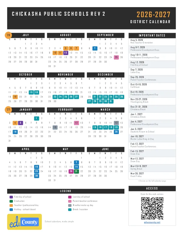 Chickasha Public Schools Rev 2 printable 2026-27 calendar