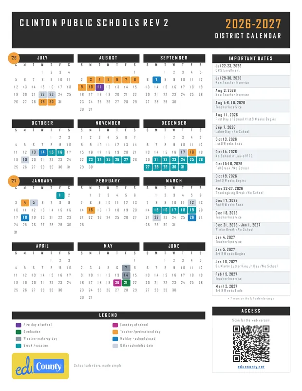 Clinton Public Schools Rev 2 printable 2026-27 calendar