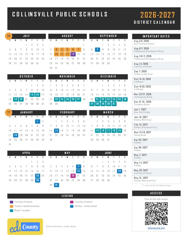 Collinsville Public Schools printable 2026-27 calendar