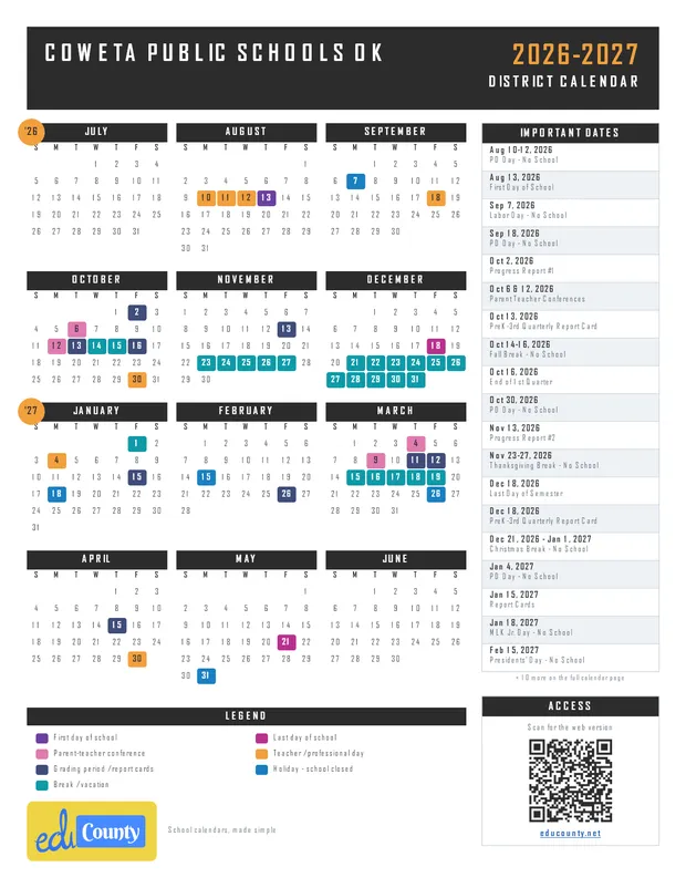 Coweta Public Schools printable 2026-27 calendar