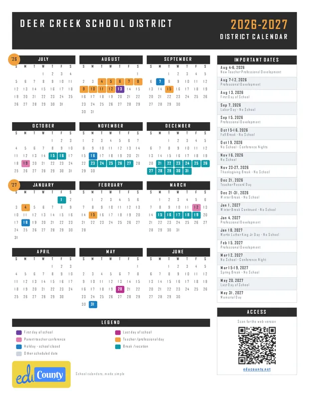 Deer Creek School District printable 2026-27 calendar