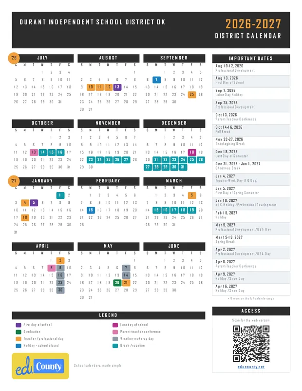Durant Independent School District printable 2026-27 calendar