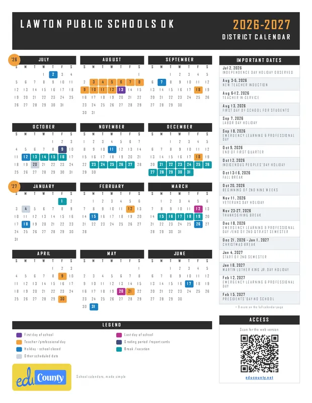 LAWTON PUBLIC SCHOOLS printable 2026-27 calendar