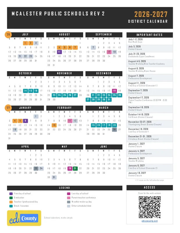 McAlester Public Schools Rev 2 printable 2026-27 calendar