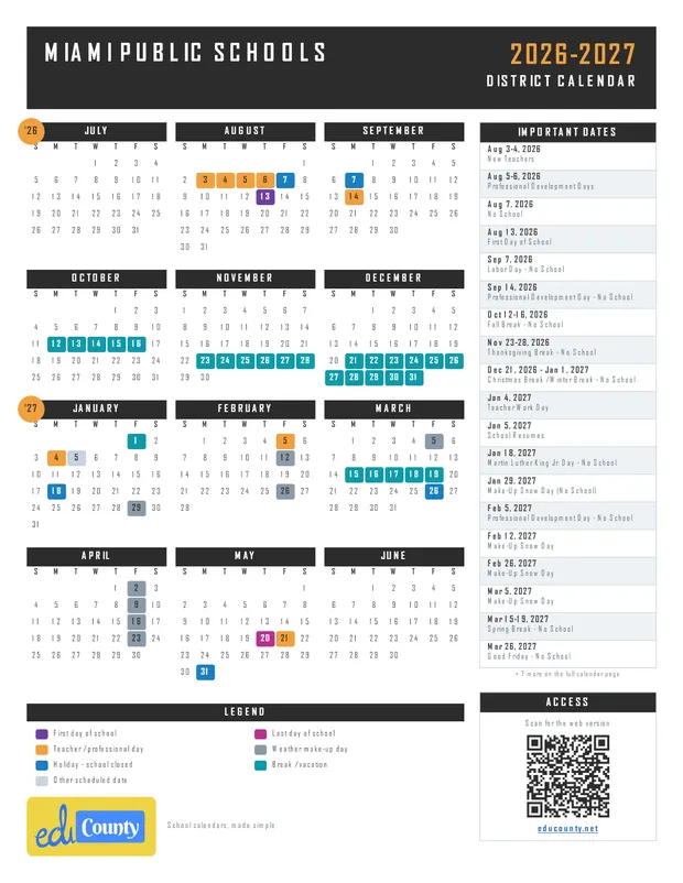 Miami Public Schools printable 2026-27 calendar