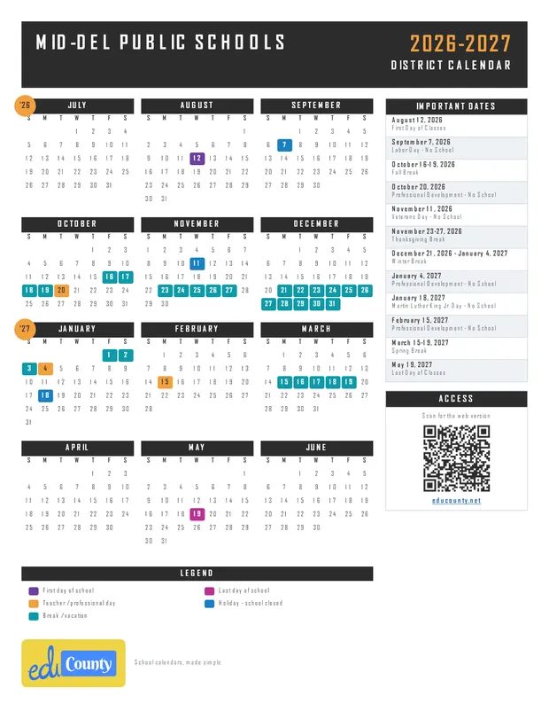 Mid-Del Public Schools printable 2026-27 calendar