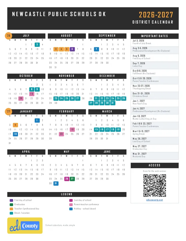 Newcastle Public Schools printable 2026-27 calendar