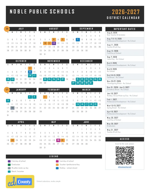 Noble Public Schools printable 2026-27 calendar