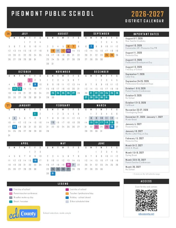 Piedmont Public School printable 2026-27 calendar