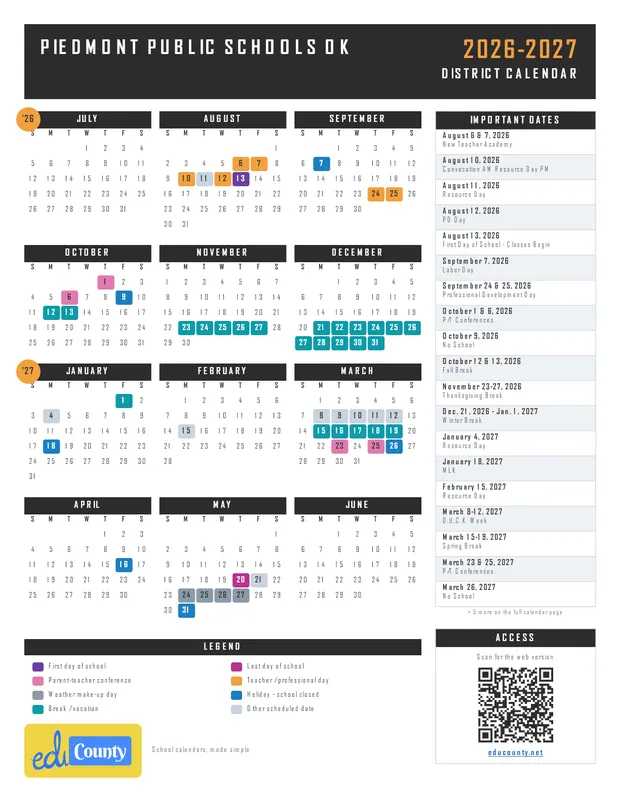 PIEDMONT PUBLIC SCHOOLS printable 2026-27 calendar