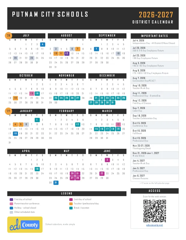 Putnam City Schools printable 2026-27 calendar