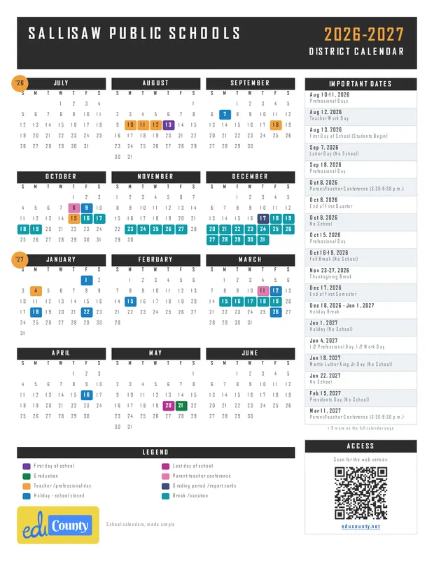 Sallisaw Public Schools printable 2026-27 calendar