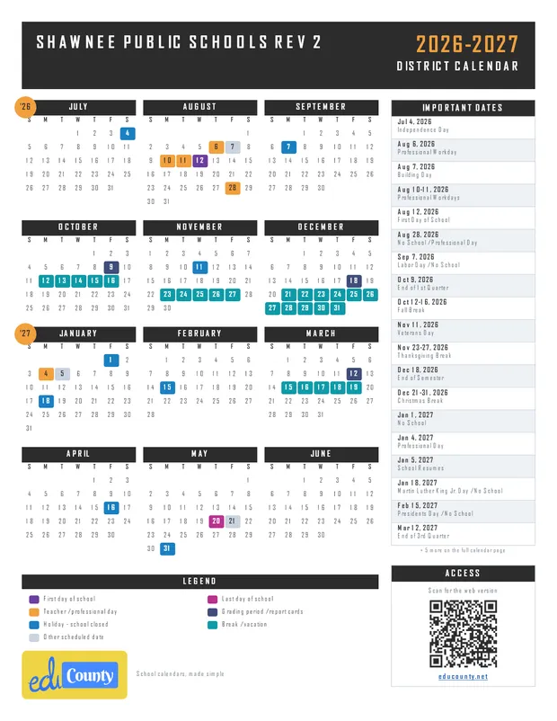 Shawnee Public Schools Rev 2 printable 2026-27 calendar