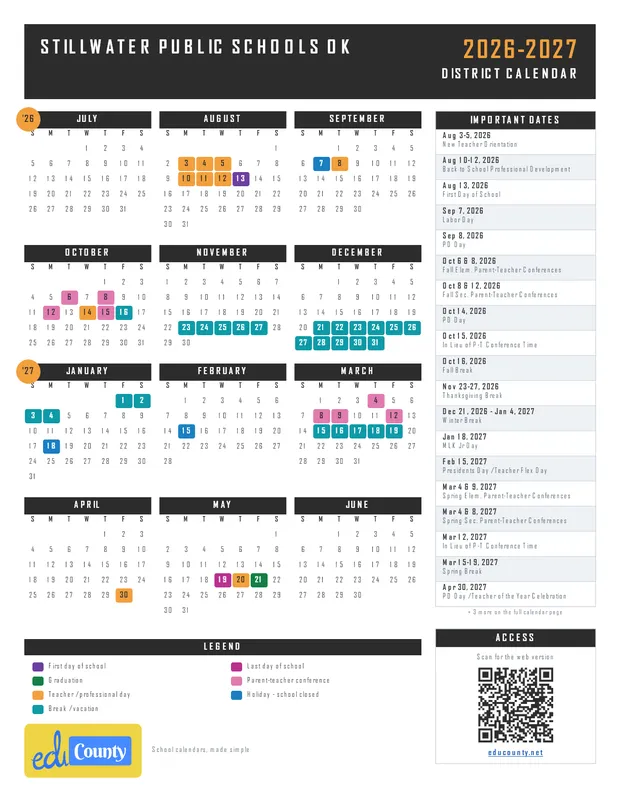 Stillwater Public Schools printable 2026-27 calendar