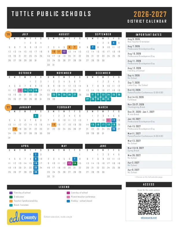 Tuttle Public Schools printable 2026-27 calendar