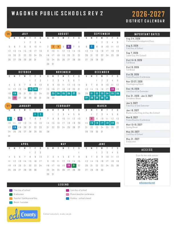 Wagoner Public Schools Rev 2 printable 2026-27 calendar