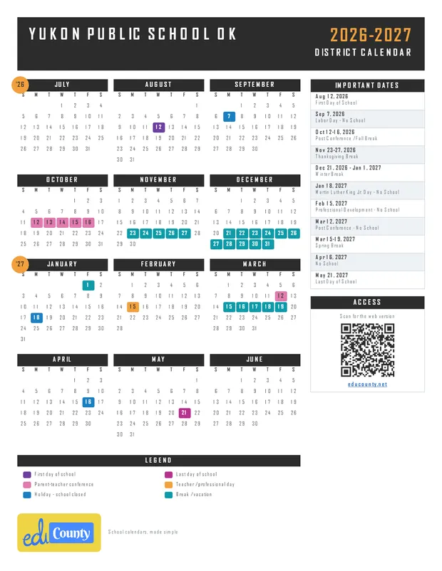 Yukon Public School printable 2026-27 calendar