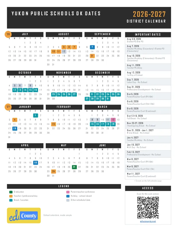 Yukon Public Schools OK Dates printable 2026-27 calendar