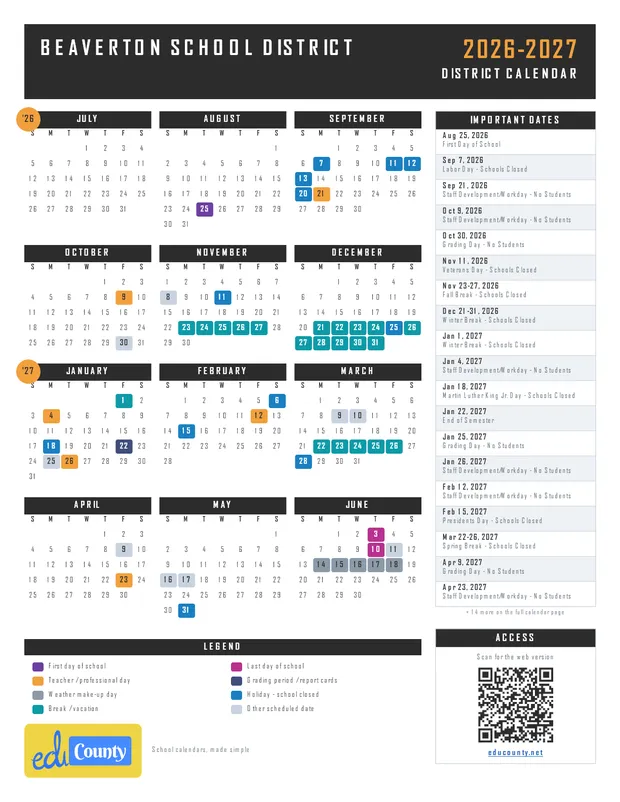 Beaverton School District printable 2026-27 calendar