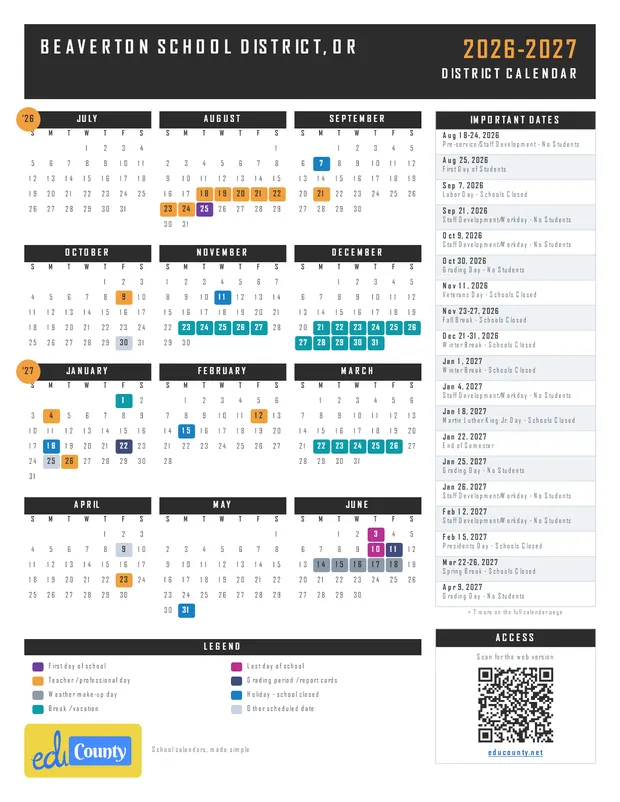 Beaverton School District printable 2026-27 calendar