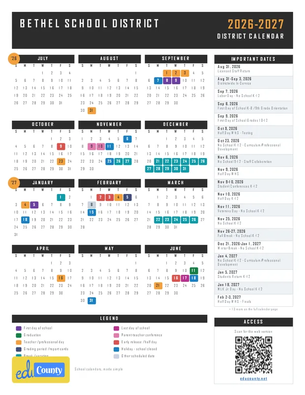 Bethel School District printable 2026-27 calendar