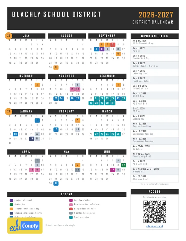 Blachly School District printable 2026-27 calendar