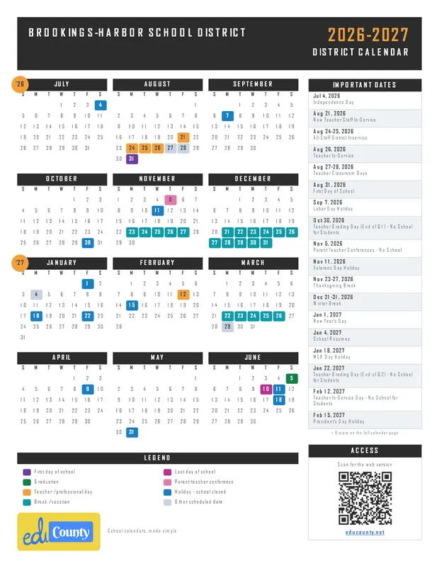 Brookings-Harbor School District printable 2026-27 calendar