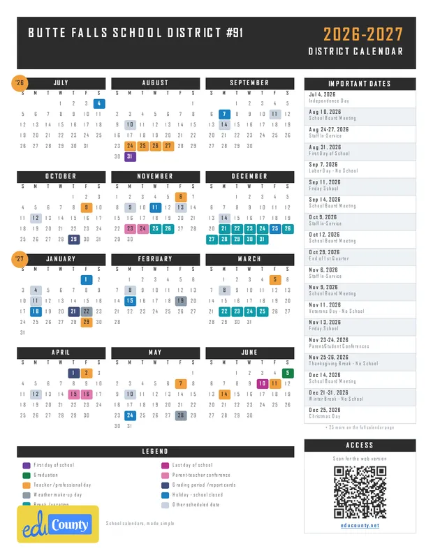 Butte Falls School District #91 printable 2026-27 calendar