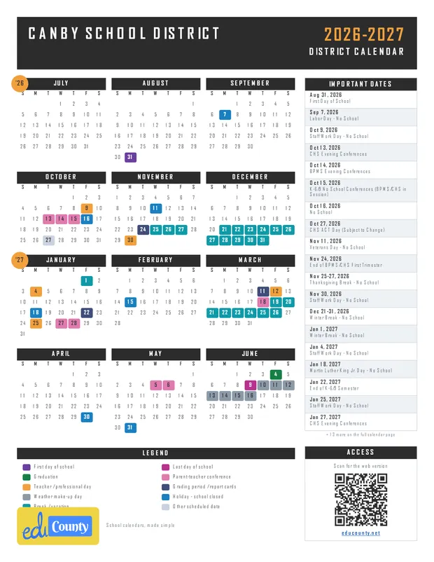 Canby School District printable 2026-27 calendar