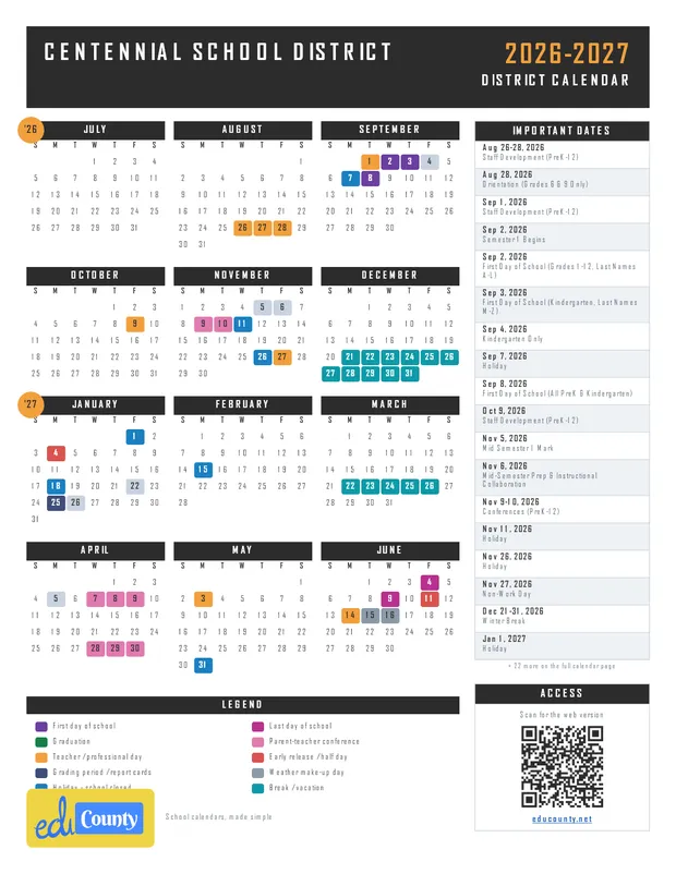 Centennial School District printable 2026-27 calendar