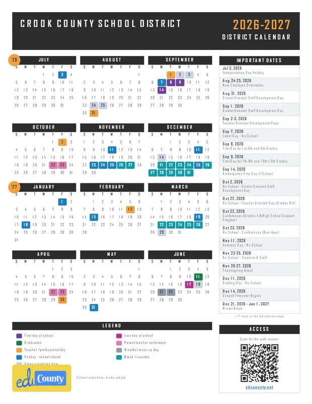 Crook County School District printable 2026-27 calendar