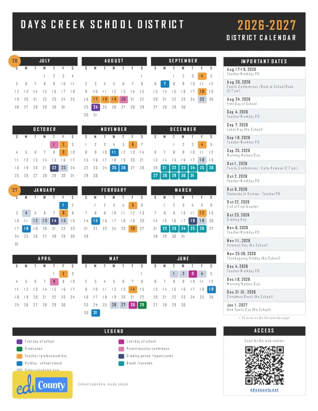 Days Creek School District printable 2026-27 calendar
