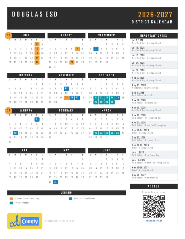 Douglas ESD printable 2026-27 calendar
