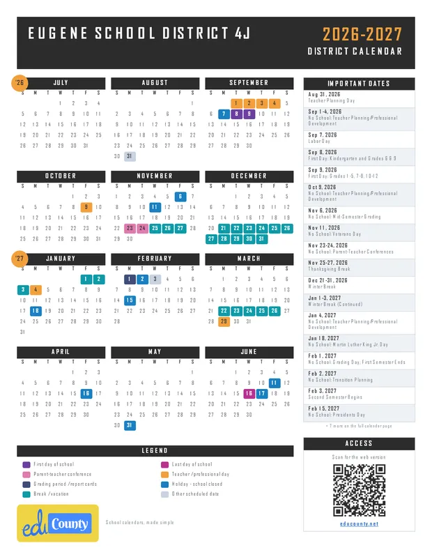 Eugene School District 4J printable 2026-27 calendar