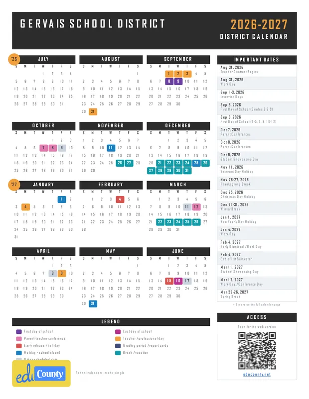 Gervais School District printable 2026-27 calendar
